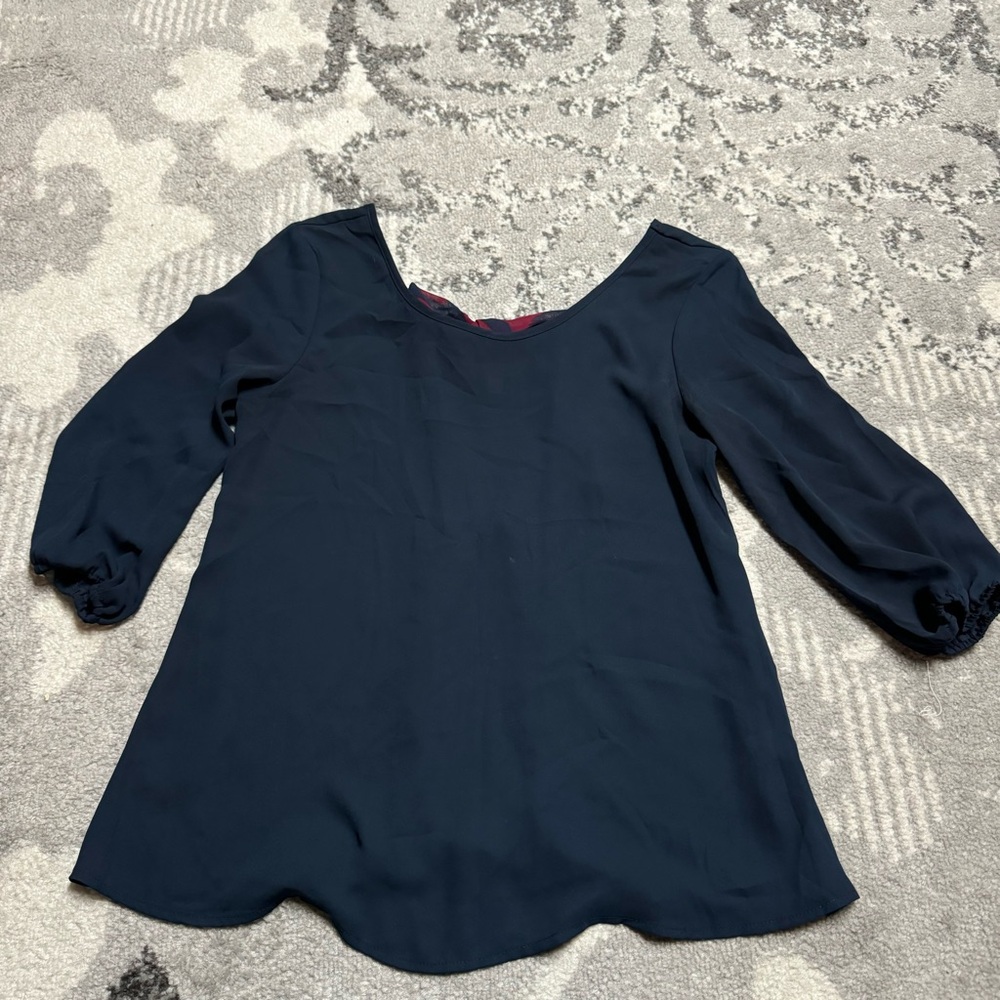 Charming Charlie Chevron Burgundy Stripe Bow Back Navy Blue Chiffon Blouse